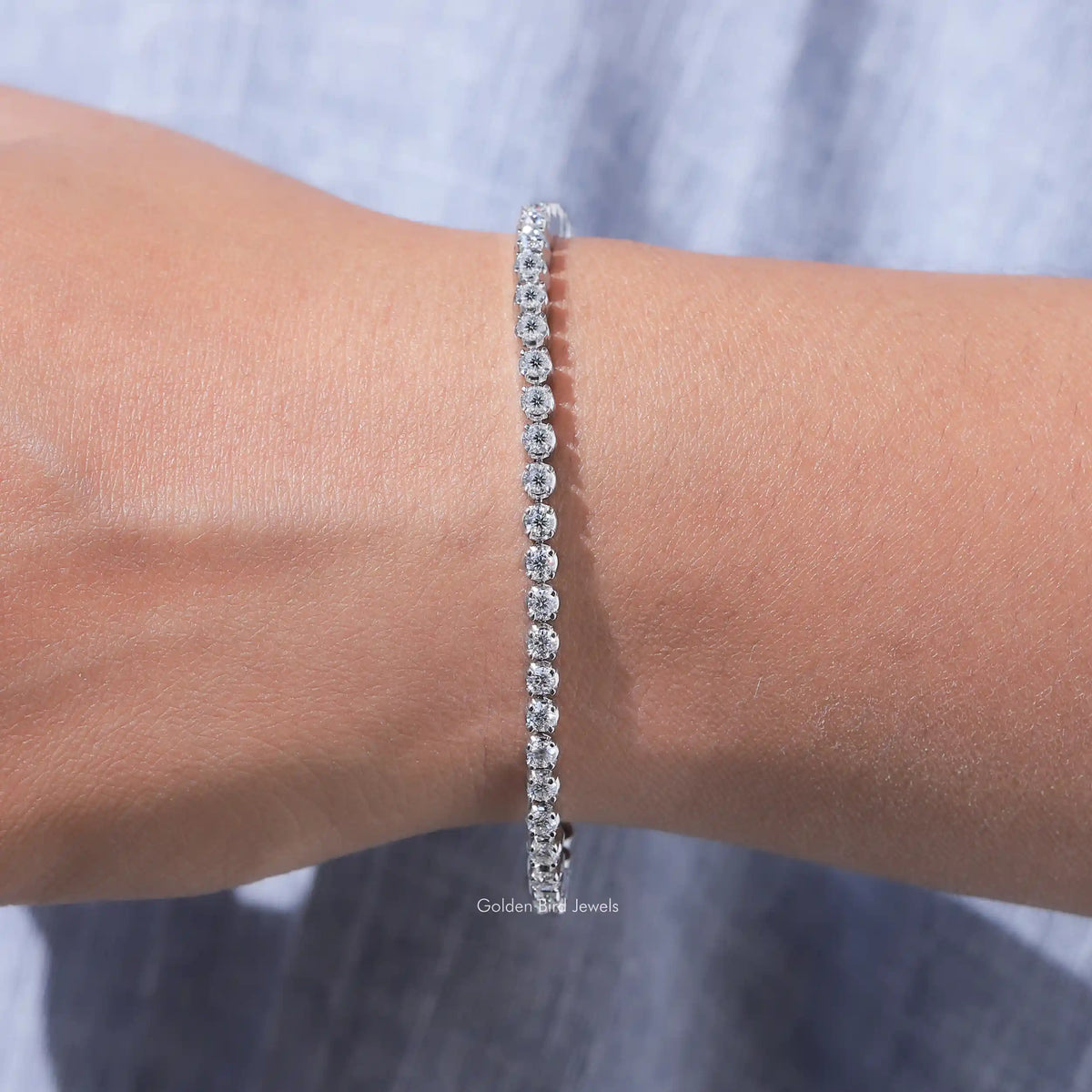 View of moissanite round cut tennis bracelet