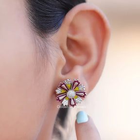 [Colorless Round Cut Flower Earrings]-[Golden Bird Jewels]