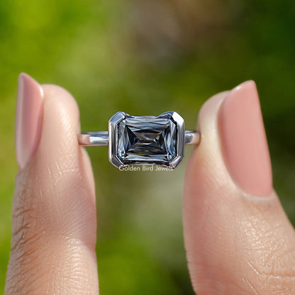 Radiant Moissanite Half Bezel Set East West Solitaire Ring