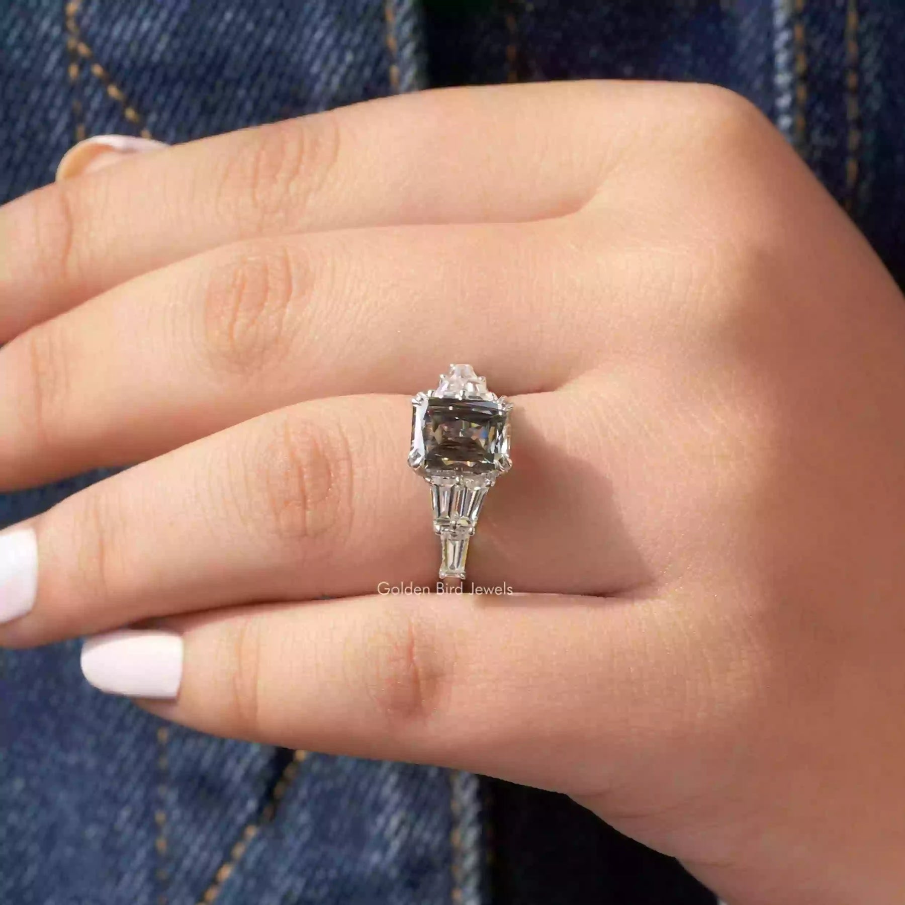Close-Up View of Criss Cut Accent Stone Ring In White Gold