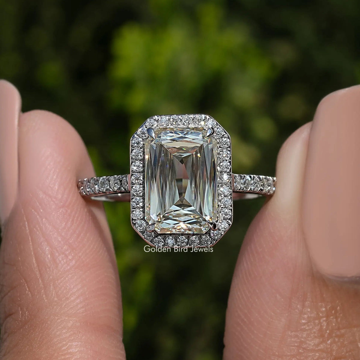 Criss Cut Moissanite Halo Accent Engagement Ring