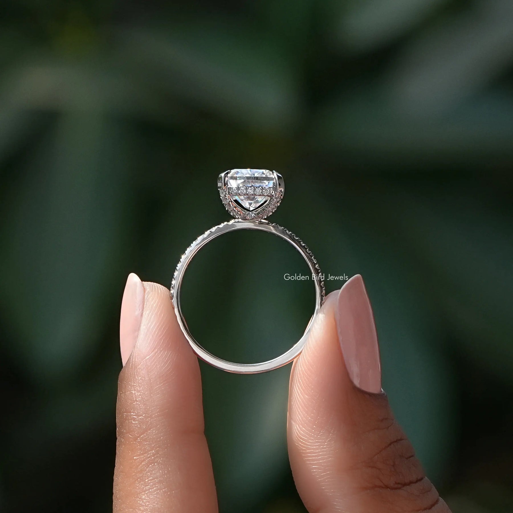 [White Gold Cushion Cut Moissanite Hidden Halo Ring]-[Golden Bird Jewels]