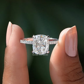 [Crushed Ice Cushion Cut Moissanite Hidden Halo Ring]-[Golden Bird Jewels]