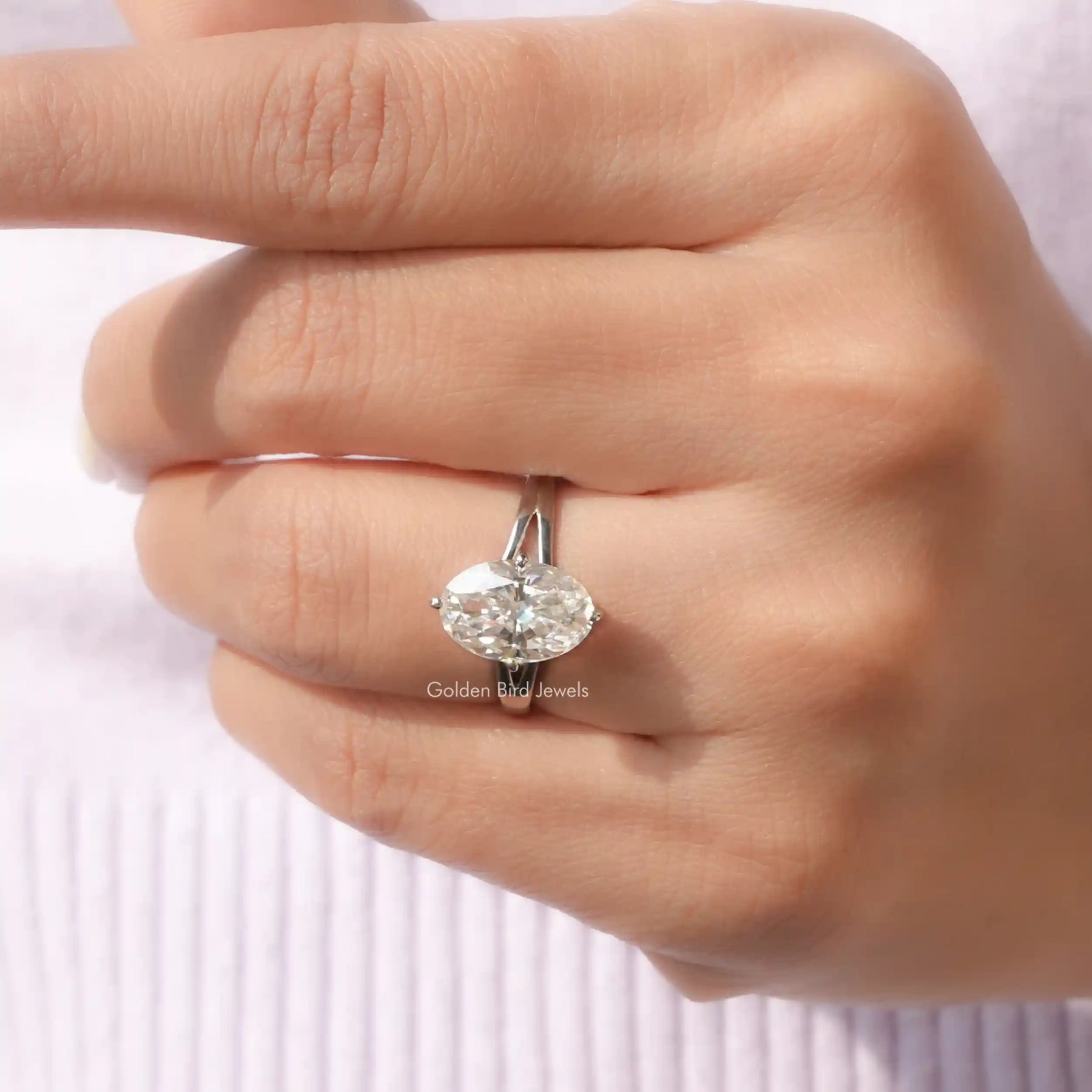 Detailed View Of Oval Cut Moissanite Hidden Halo Ring In White Gold