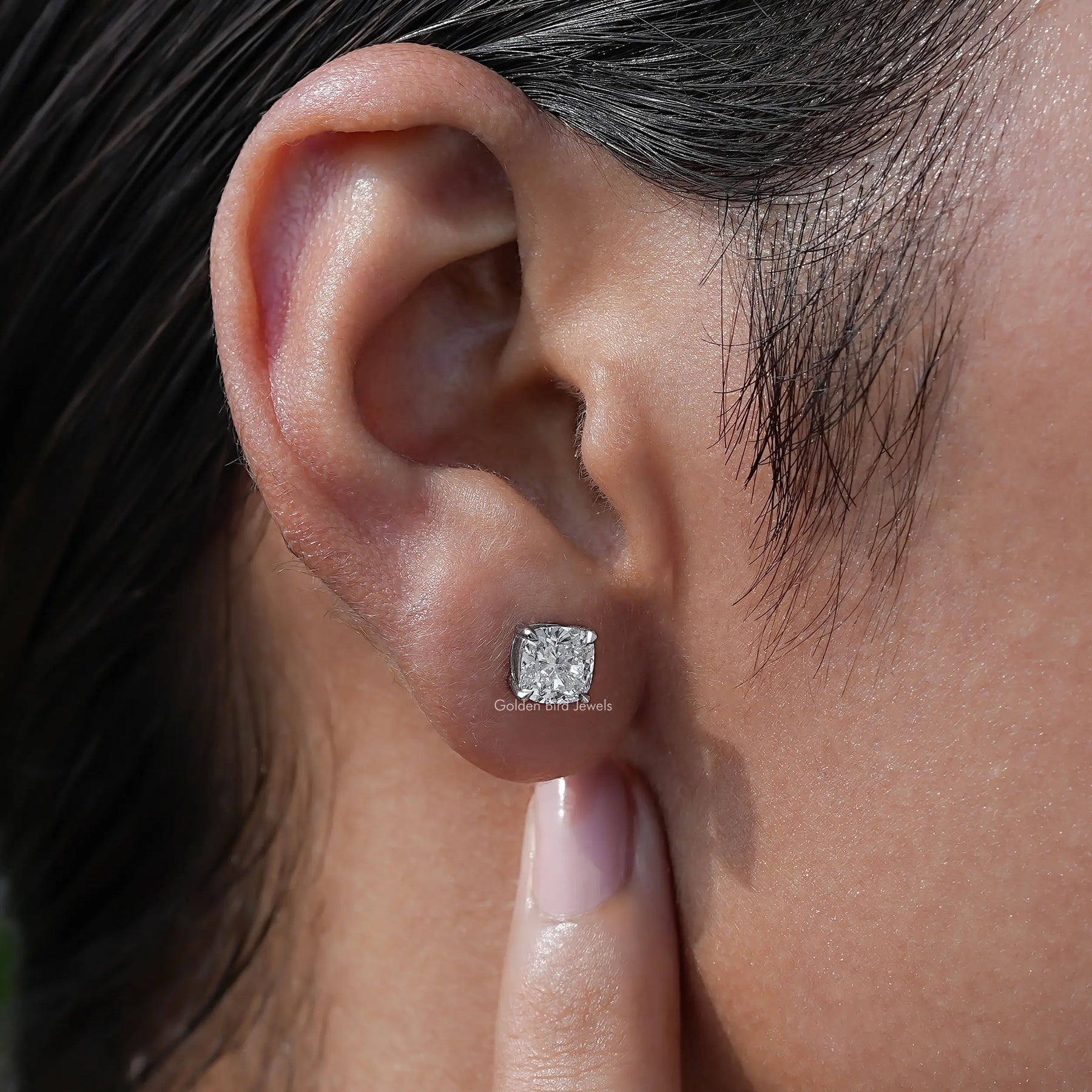 [14K White Gold Cushion Cut Stud Earrings]-[Golden Bird Jewels]