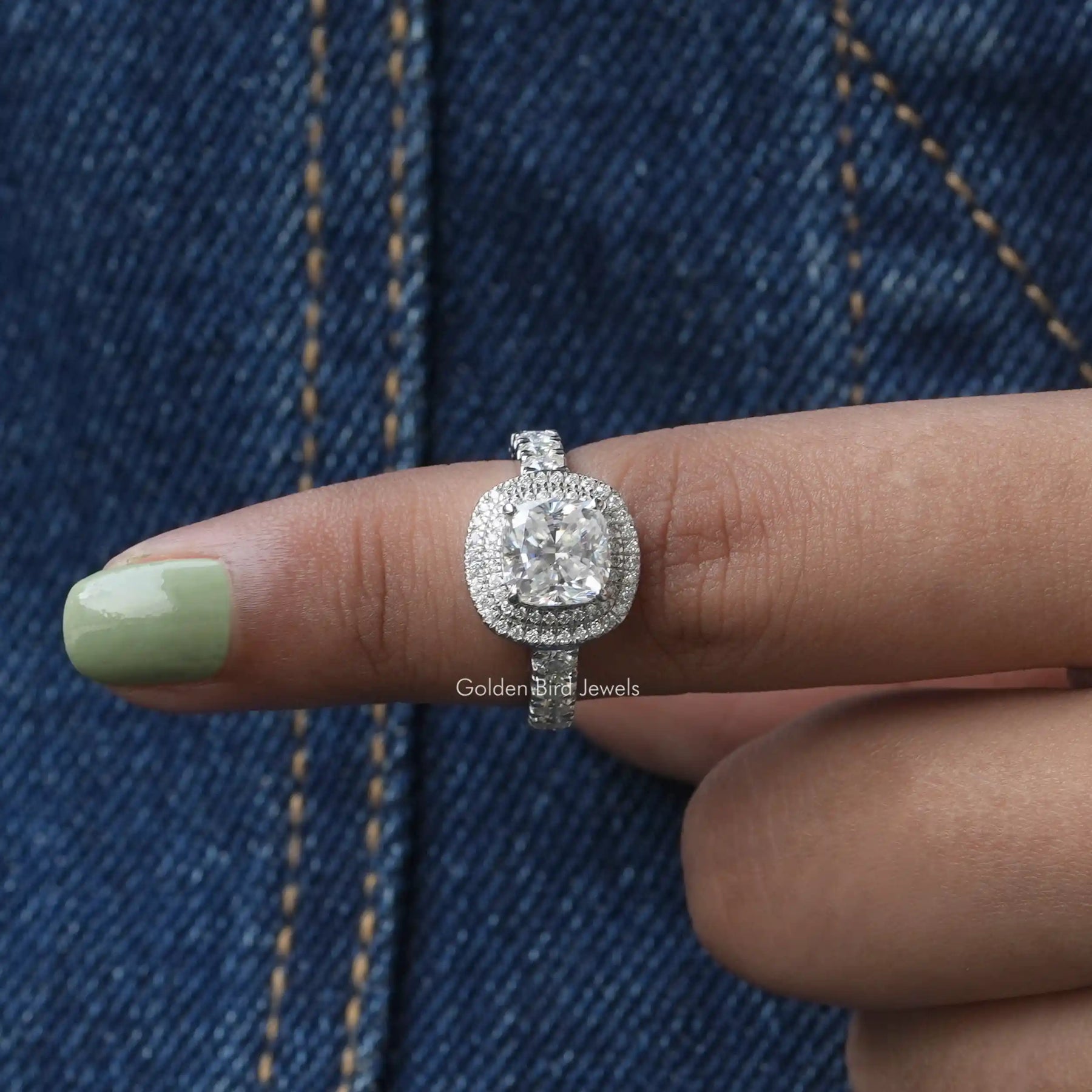 [Cushion And Round Cut Double Halo Moissanite Ring]-[Golden Bird Jewels]