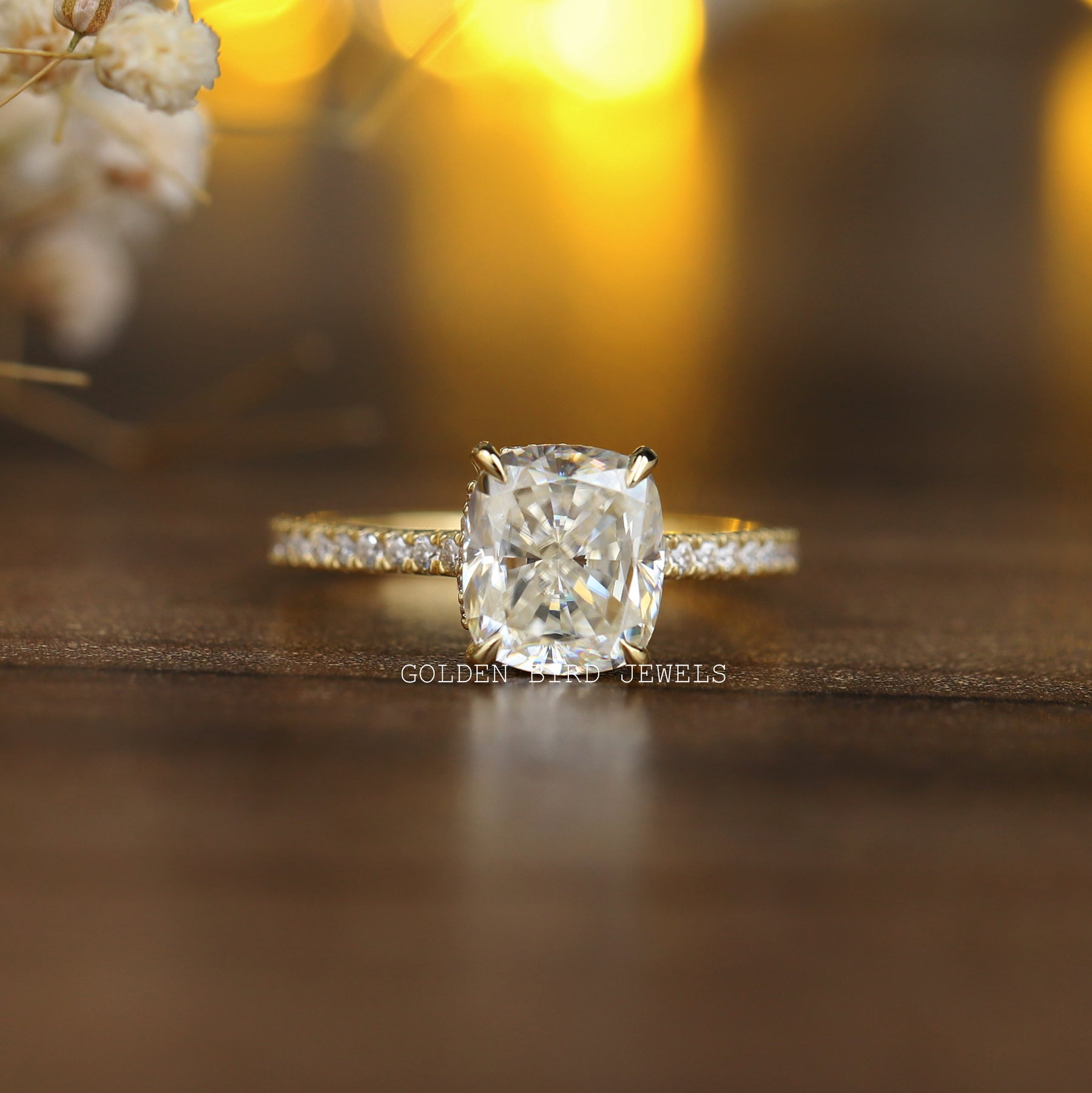 [2.50 CT Elongated Cushion Cut Moissanite Engagement Ring]-[Golden Bird Jewels]