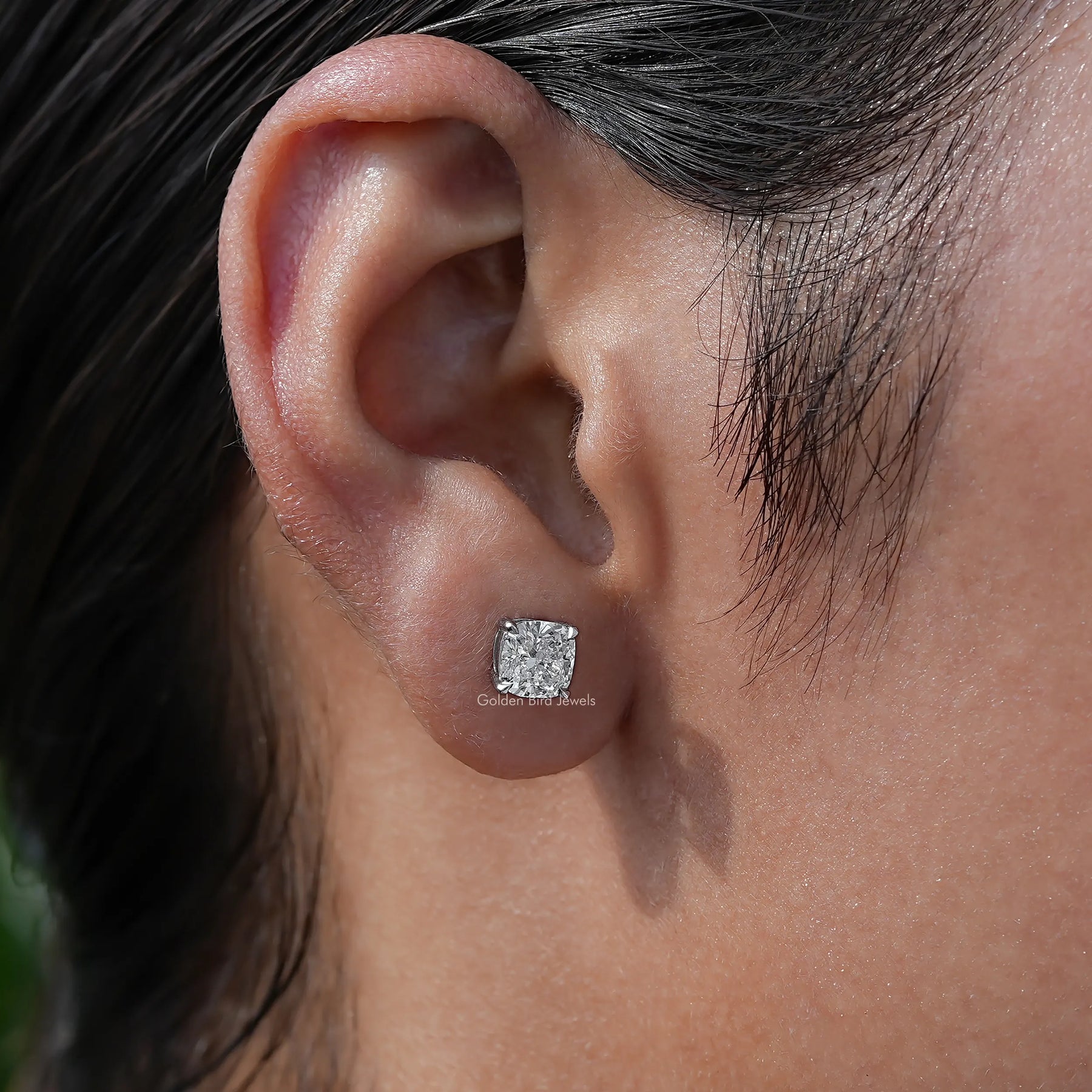 [White Gold Cushion Cut Lab Damond Stud Earrings]-[Golden Bird Jewels]