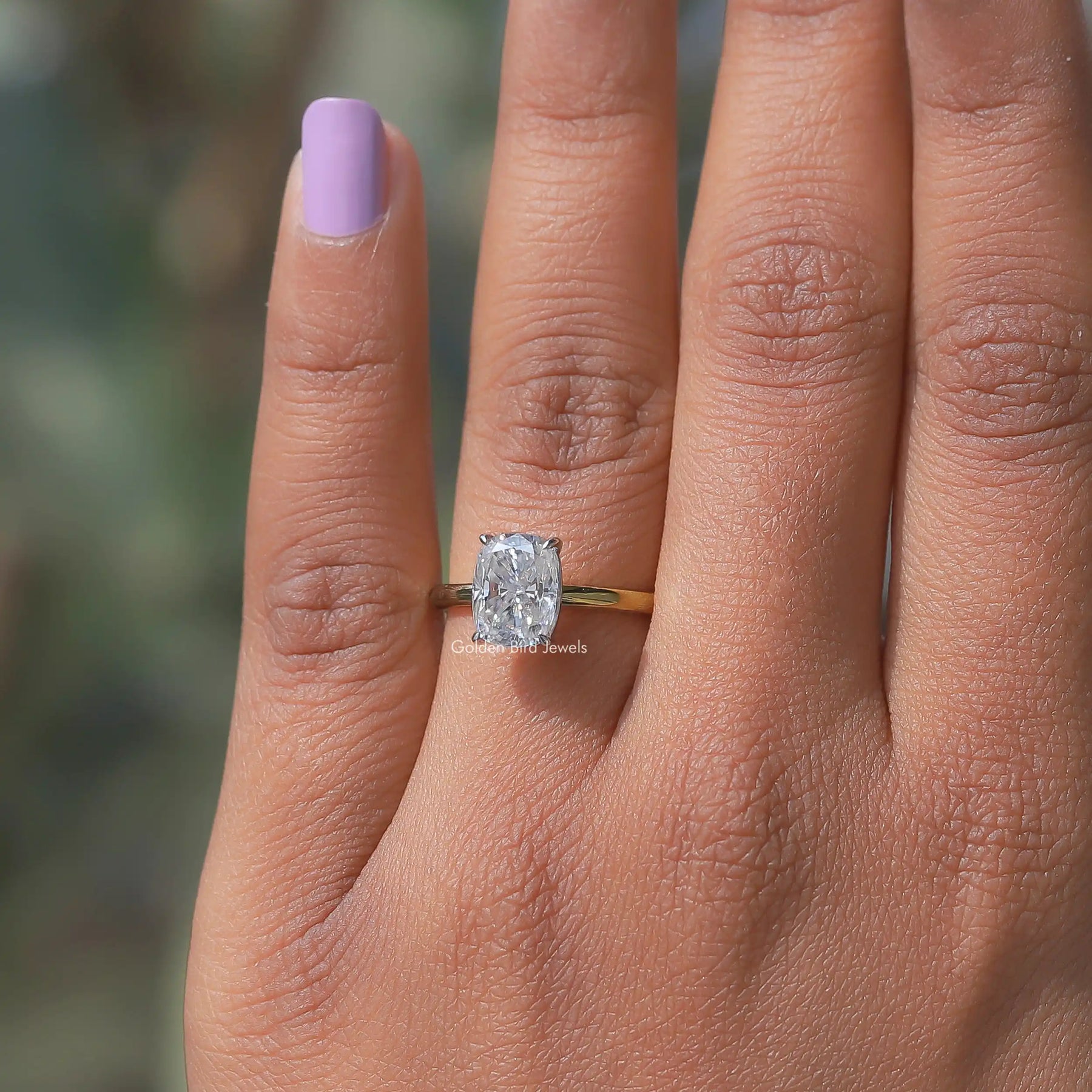 Close-Up View of Cushion Cut Lab Diamond Solitaire Ring In Yellow Gold