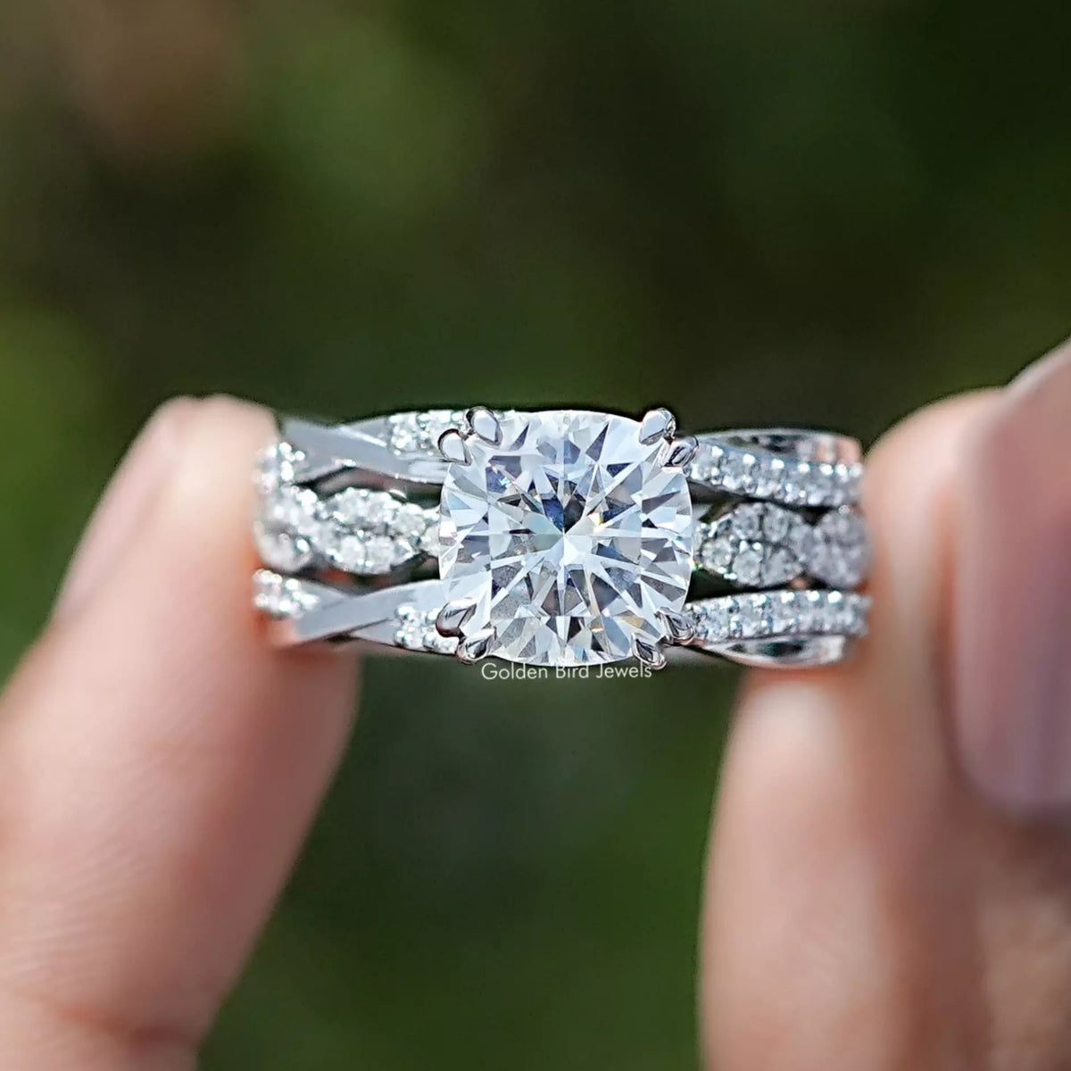 Cushion Cut Moissanite Accent Bridal Ring Set