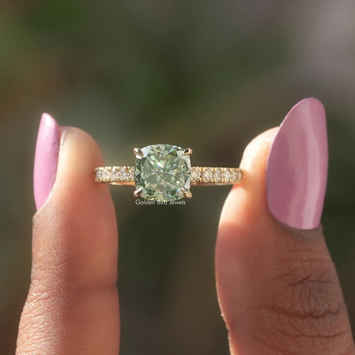 [Cushion Cut Moissanite Engagement Ring]-[Golden Bird Jewels]