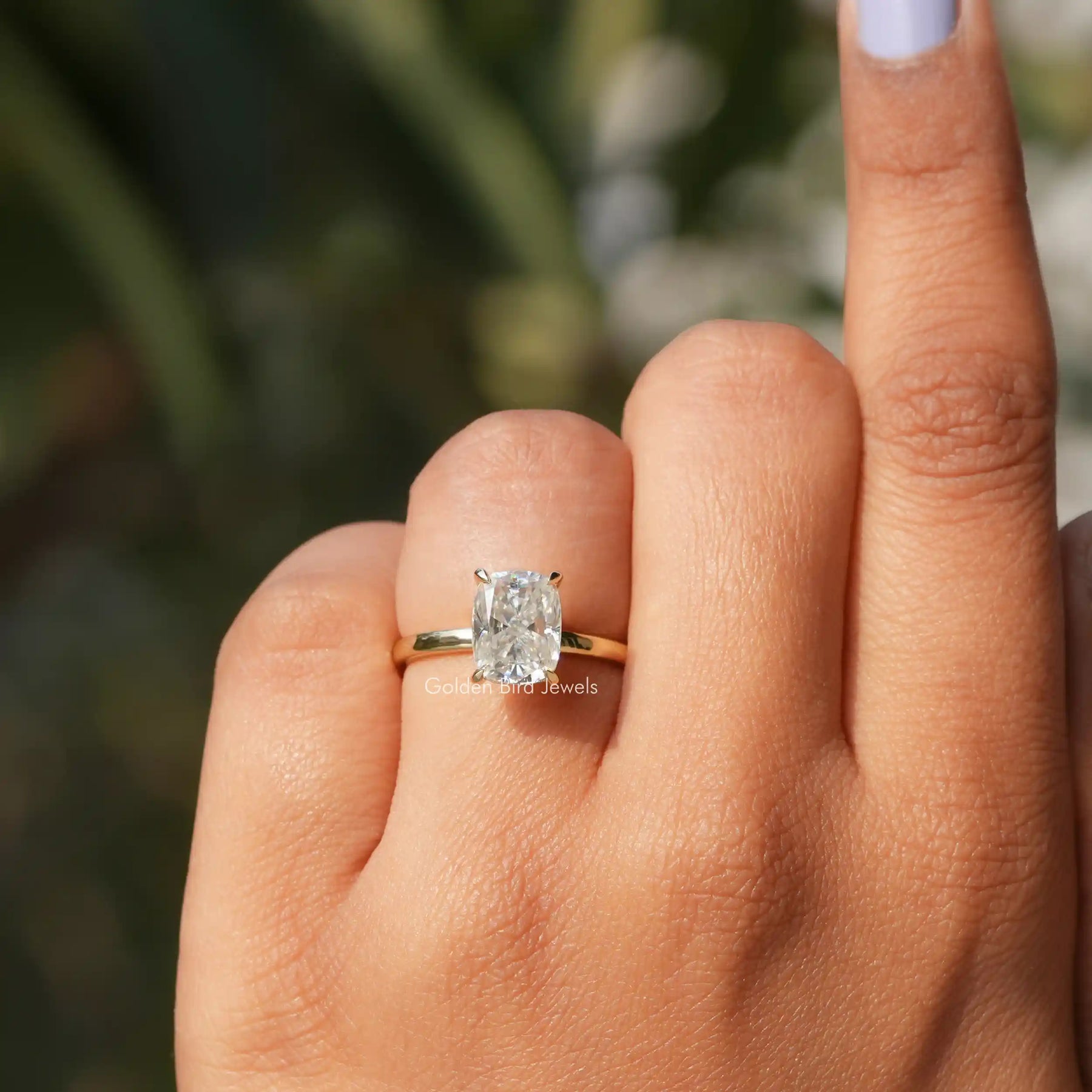 [Yellow Gold Cushion Cut Moissanite Engagement Ring]-[Golden Bird Jewels]