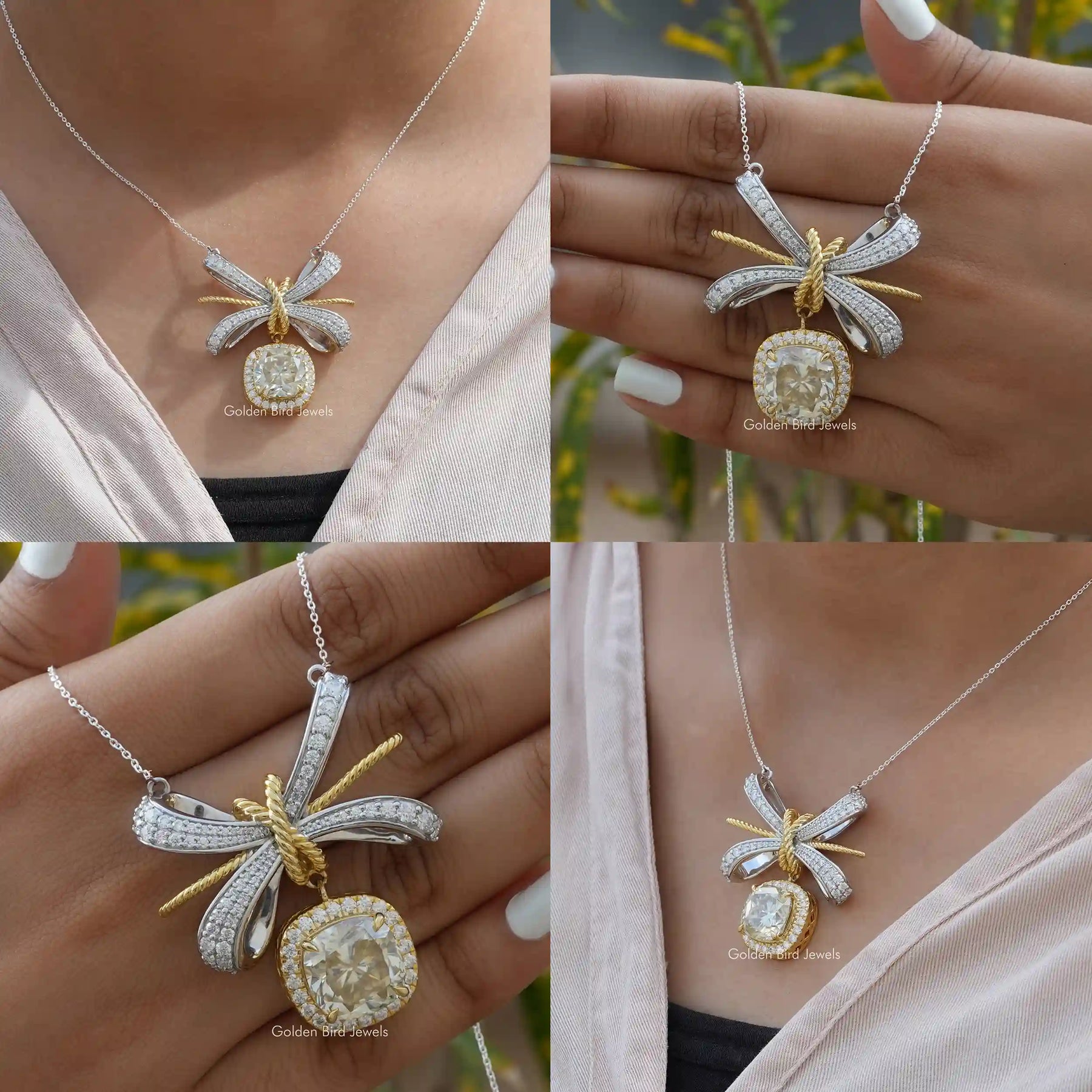 [Collage of cushion cut moissanite halo pendant]-[Golden Bird Jewels]