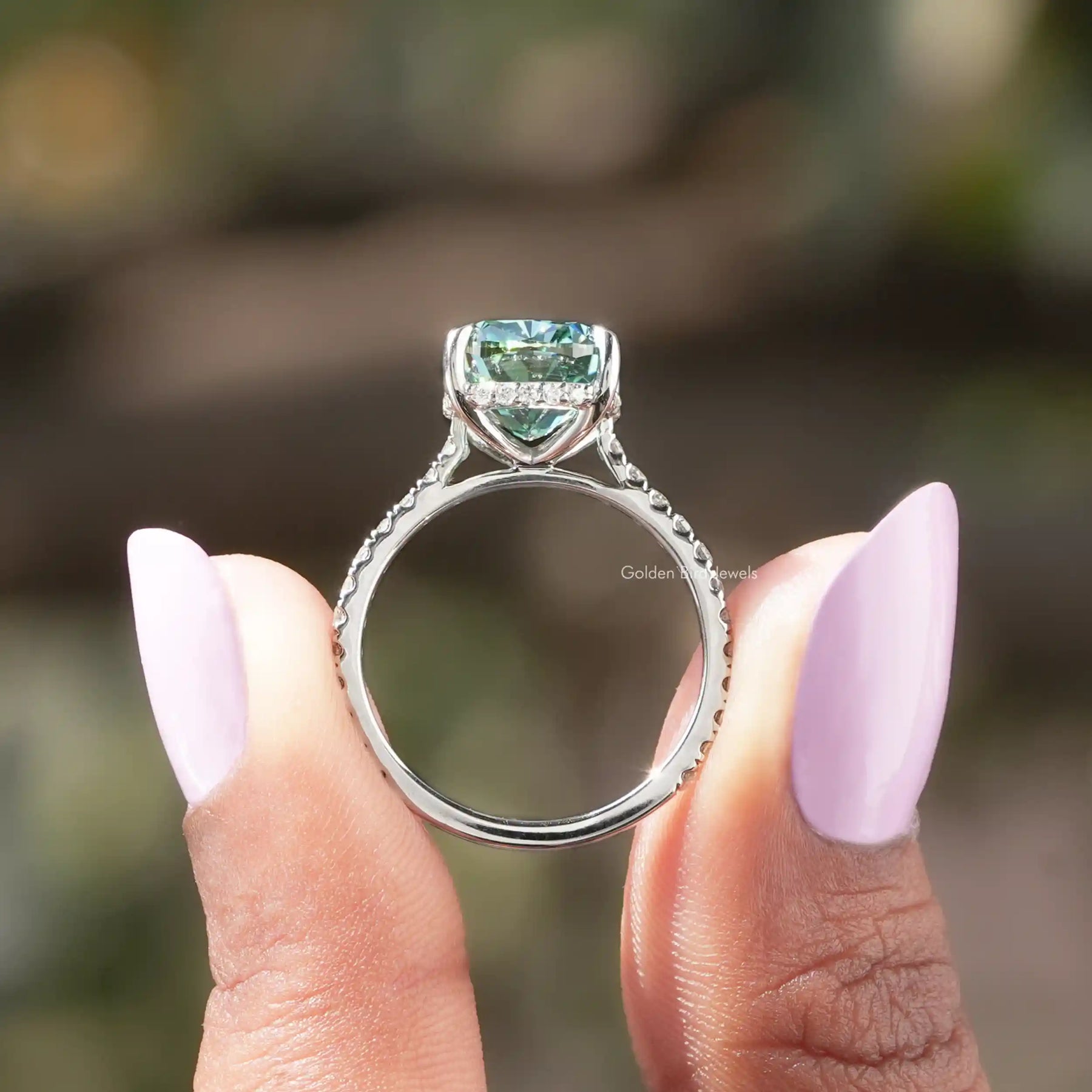 [Moissanite Cushion Cut Hidden Halo Ring]-[Golden Bird Jewels]