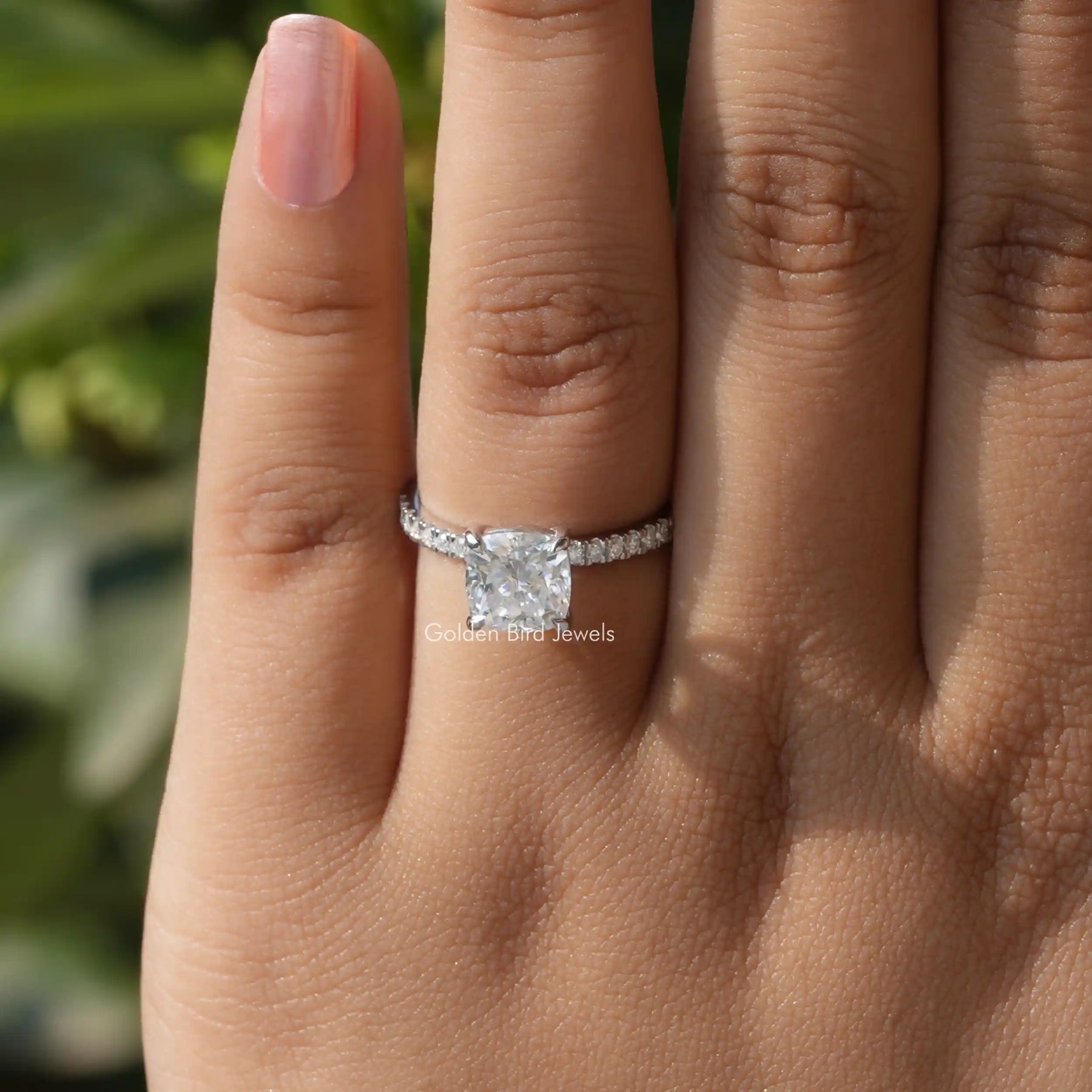 View of Cushion Cut Moissanite Solitaire Engagement Ring In White Gold