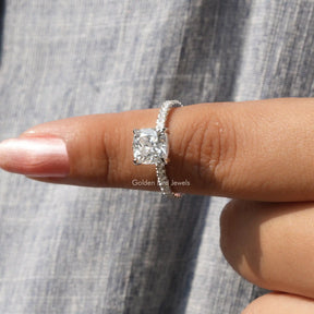 In finger front View of Cushion Cut Moissanite Solitaire Ring In White Gold