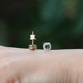 Blue Cushion Cut Halo Moissanite Stud Earrings