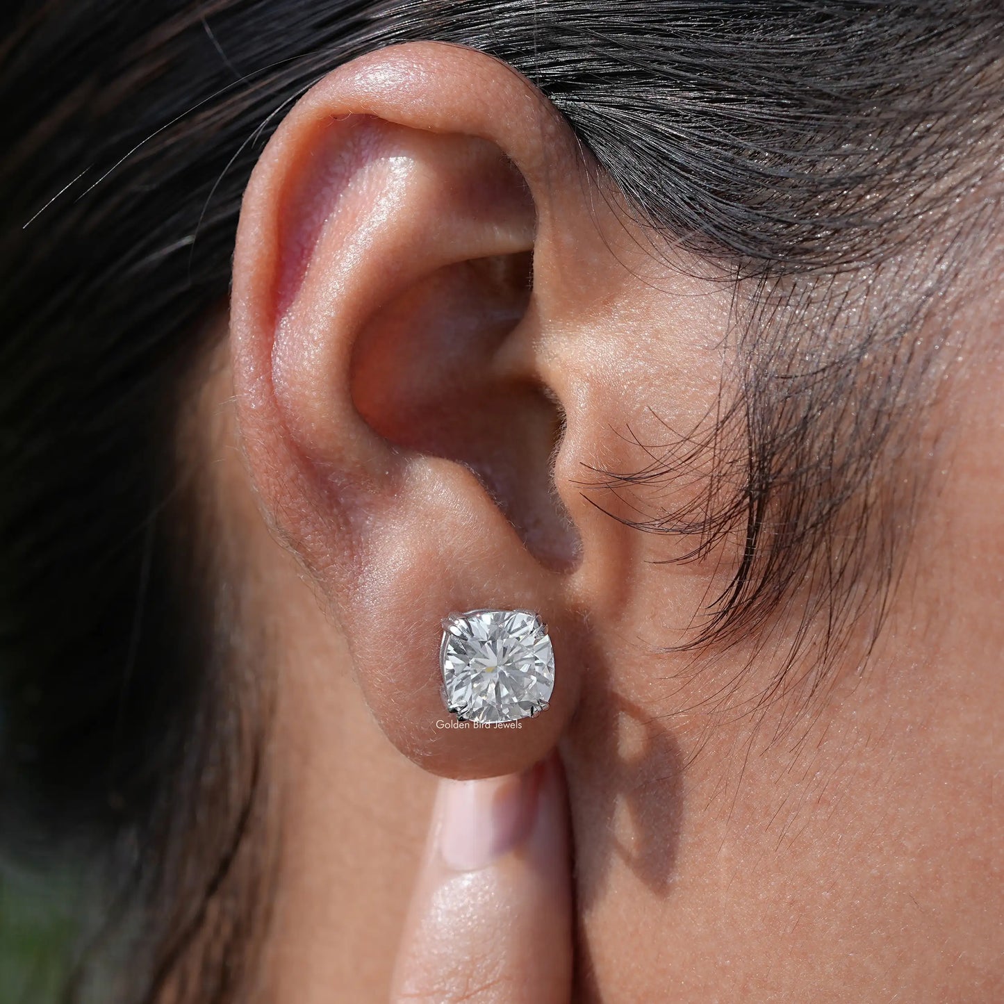 View of Colorless Cushion Cut Moissanite Stud Earrings