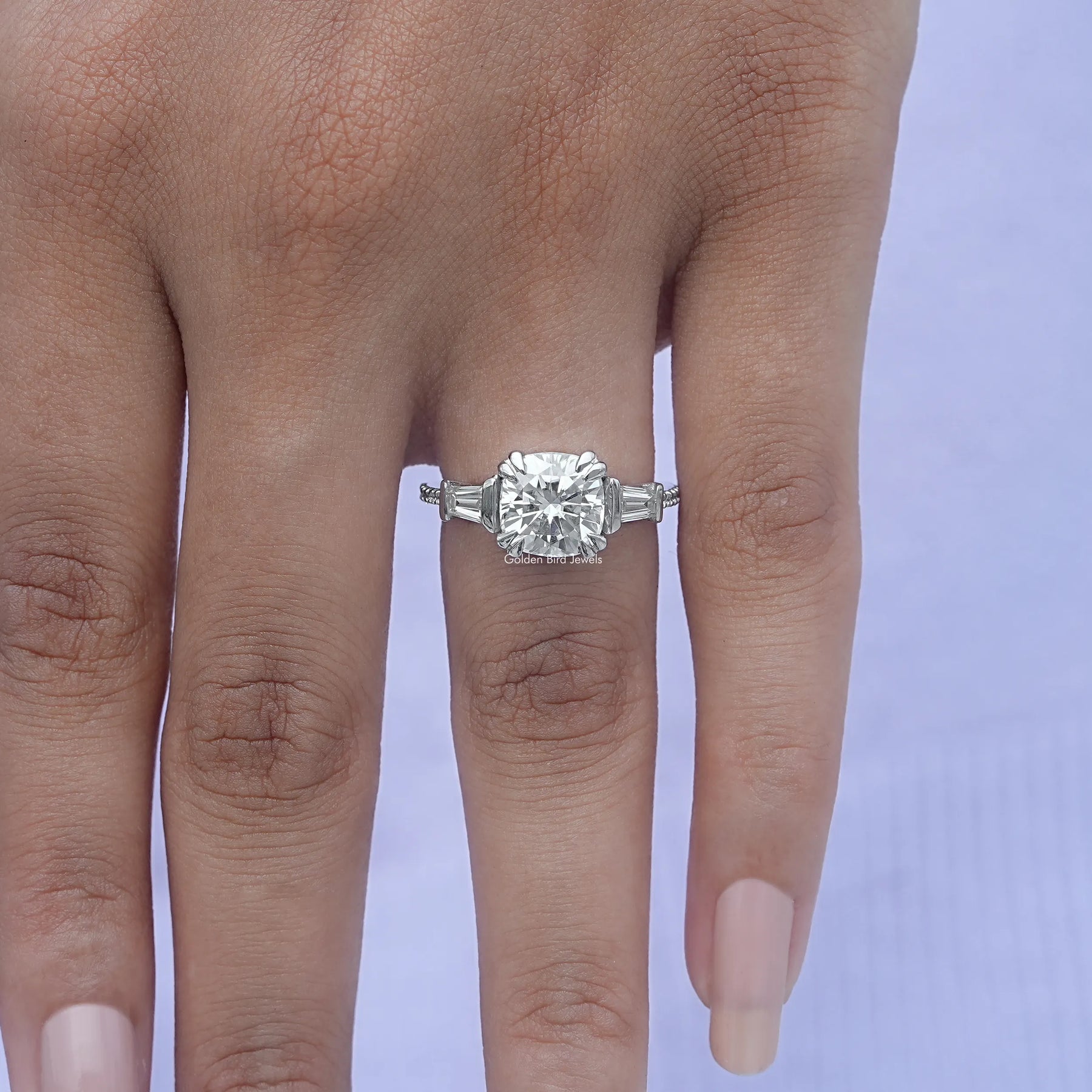 [Moissanite Cushion And Round Cut 3 Stone Ring]-[Golden Bird Jewels]