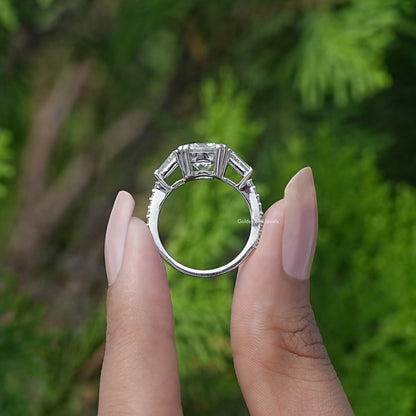 Back View of A Cushion And Baguette Cut Moissanite Three Stone Ring 