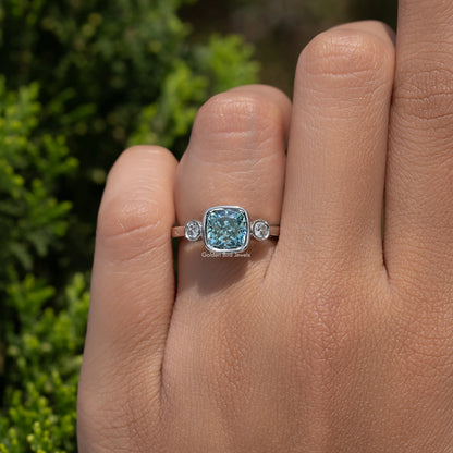 In finger view of Cushion Cut Moissanite Engagement Ring