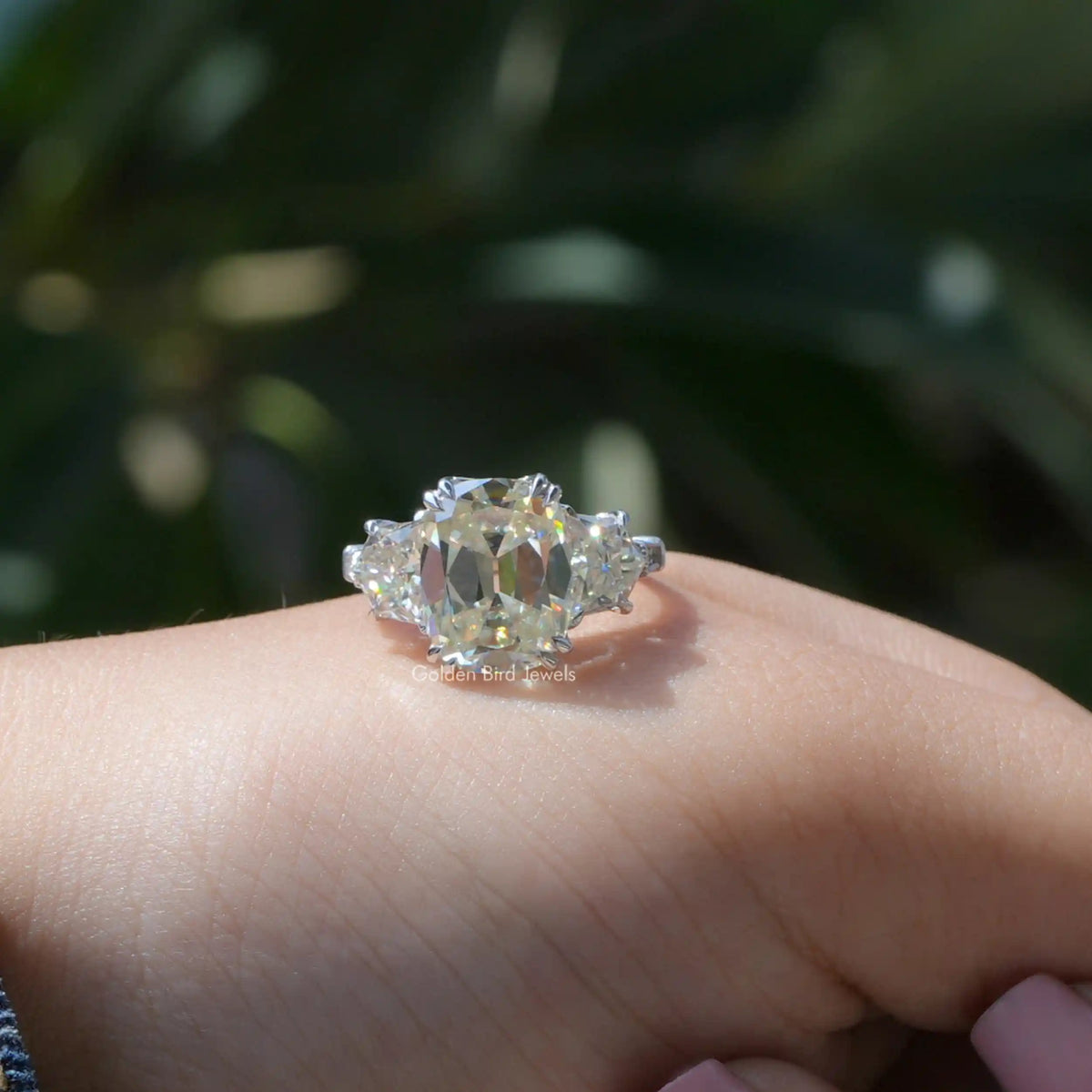 [Moissanite Cushion Cut Three Stone Ring]-[Golden Bird Jewels]