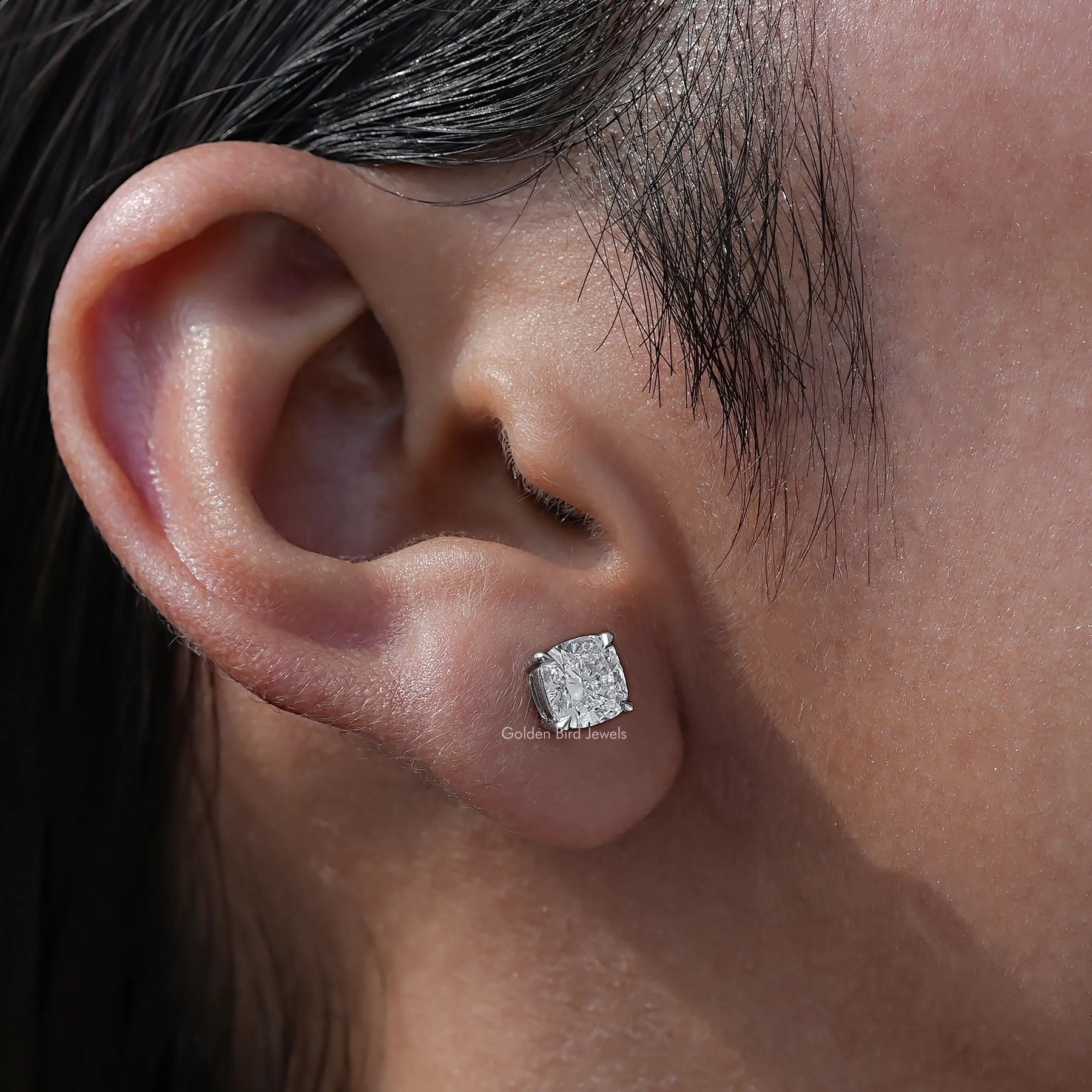 [White Gold Cushion Cut Studs]-[Golden Bird Jewels]