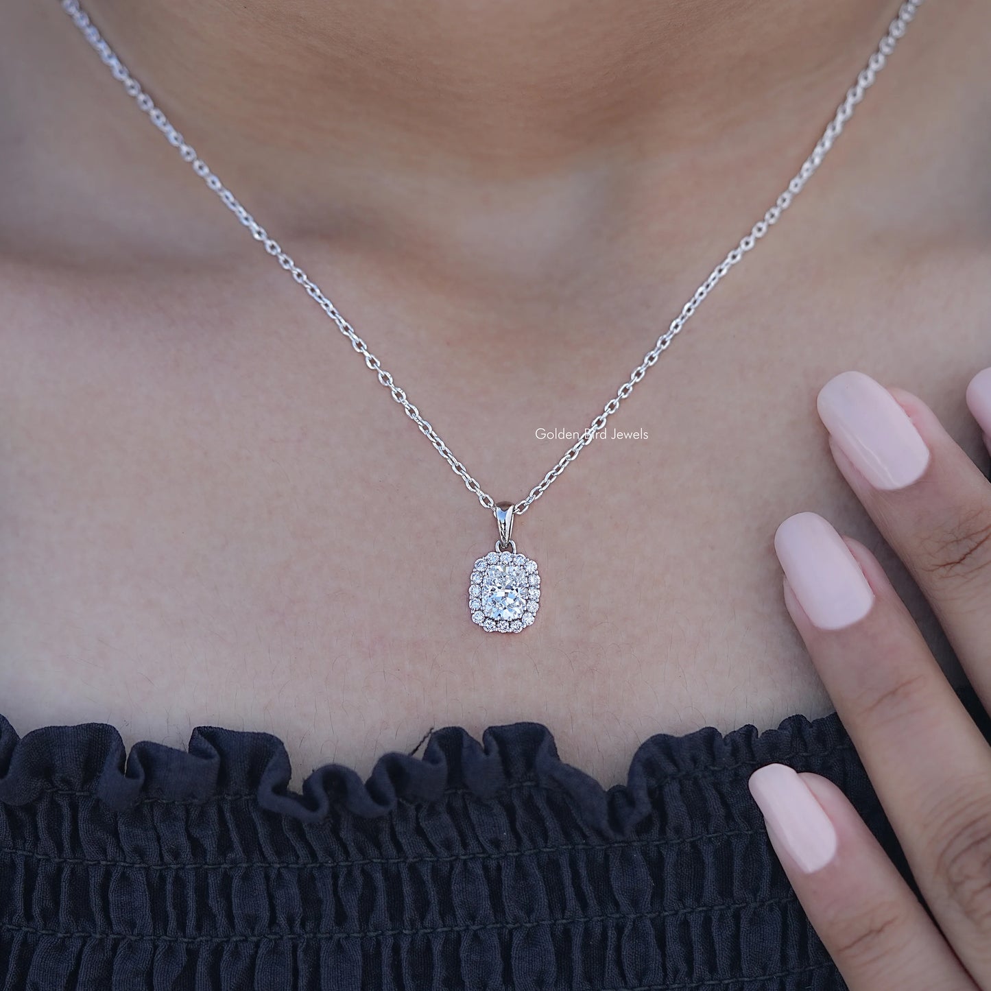 Detailed View of Cushion Cut Lab Diamond Halo Necklace