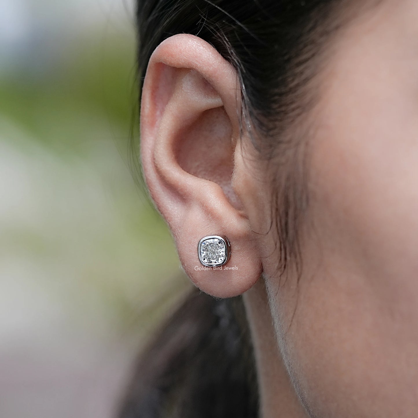 Side View of Cushion Cut Lab Diamond Bezel Set Stud Earrings