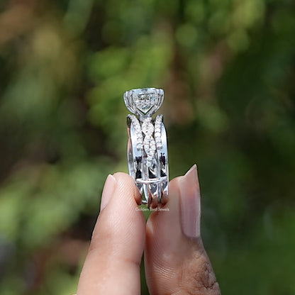 Side View of Cushion Cut Moissanite Accent Bridal Ring Set