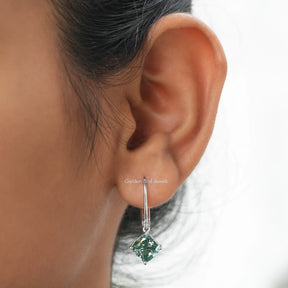 [Blue Green Cushion Cut Moissanite Dangle Drop Earrings]-[Golden Bird Jewels]