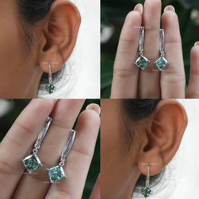 [Blue Green Cushion Cut Moissanite Earrings]-[Golden Bird Jewels]