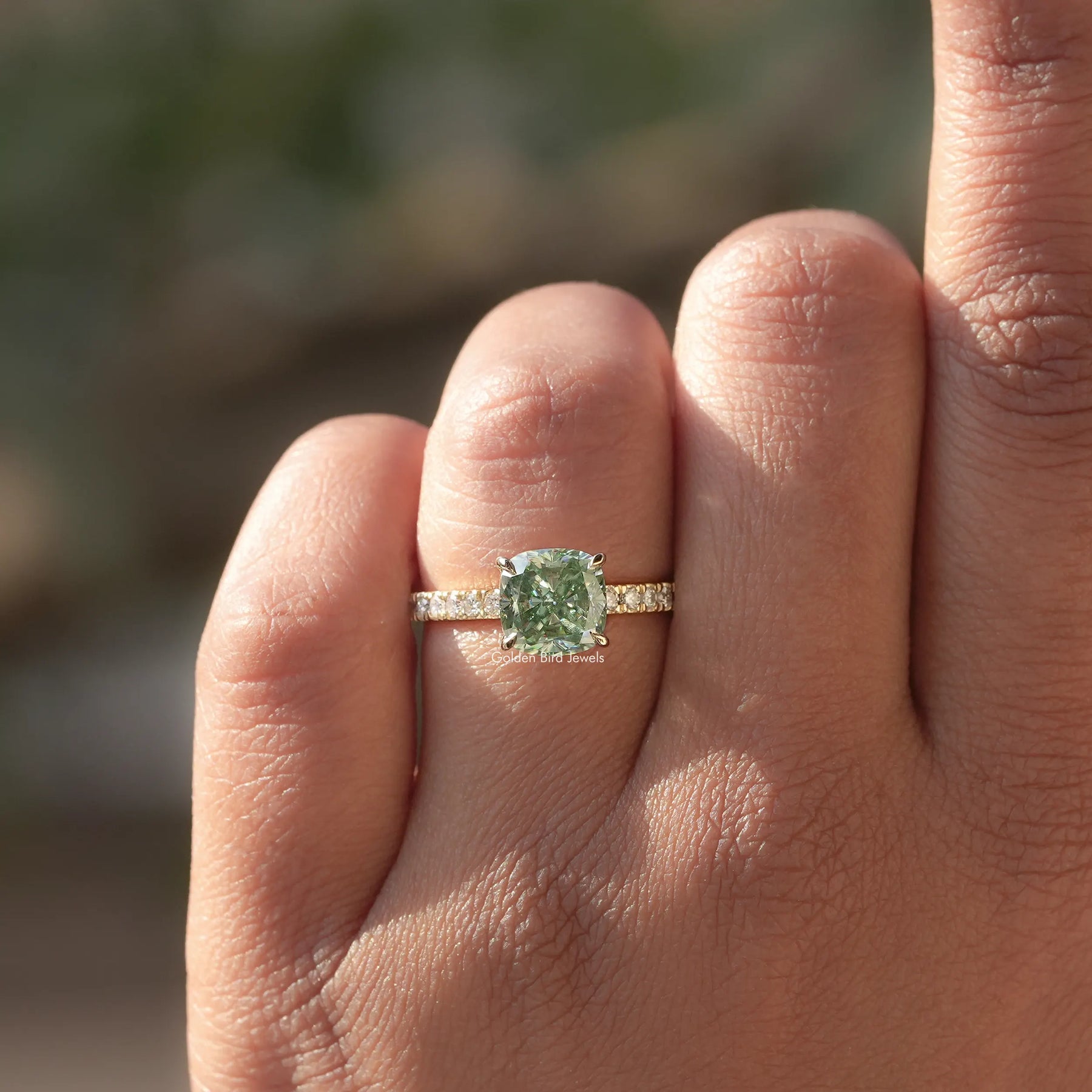 [Blue Green Cushion Cut Moissanite Engagement Ring]-[Golden Bird Jewels]