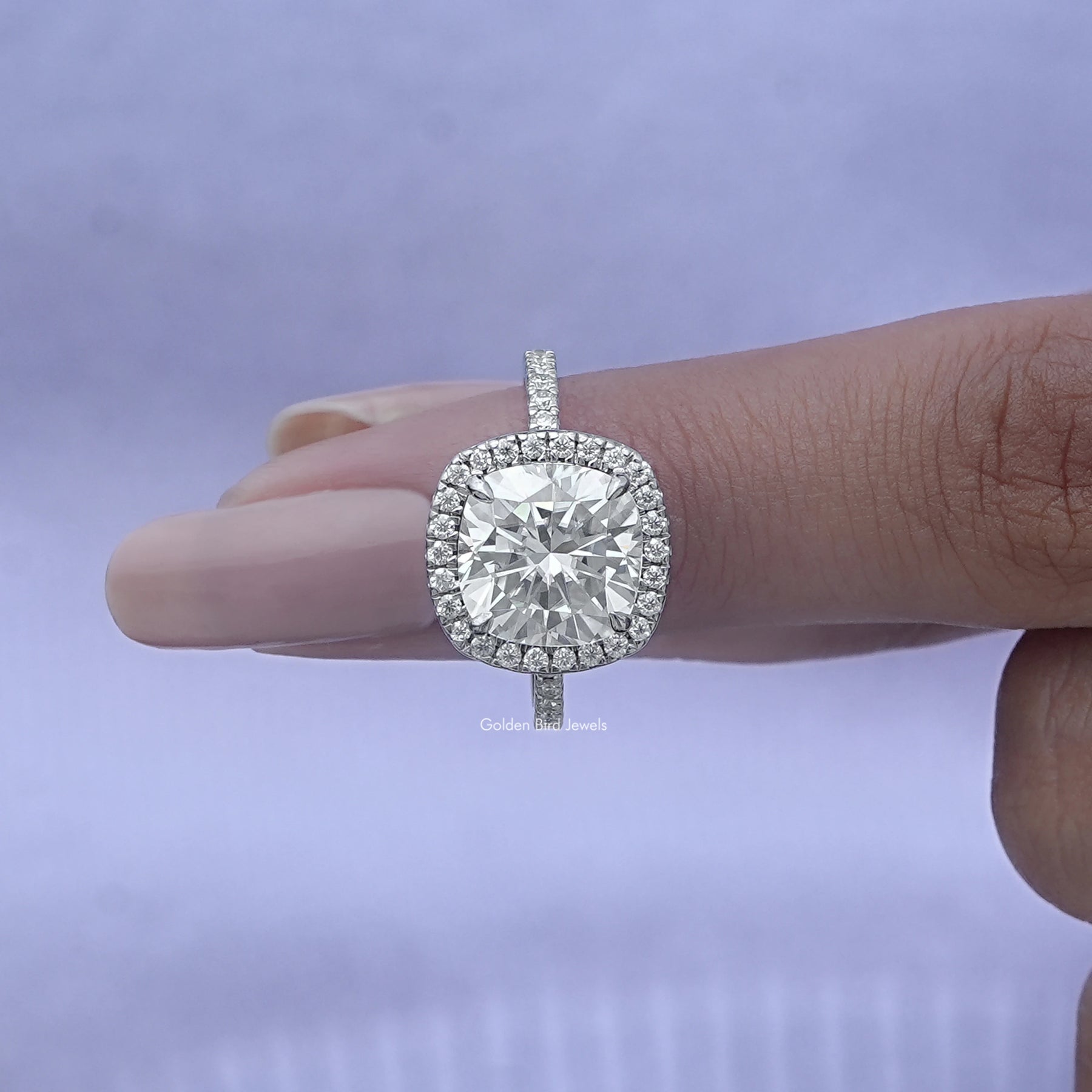 [Cushion Cut Halo Moissanite Ring]-[Golden Bird Jewels]