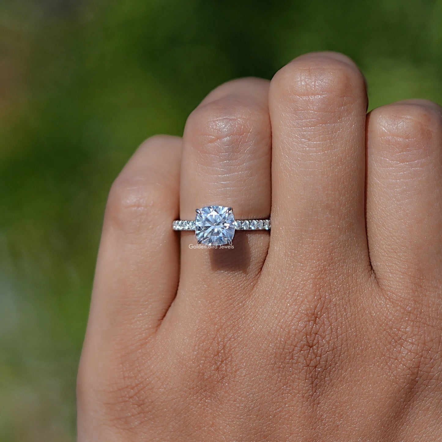 Close view of Cushion Cut Moissanite Solitaire Ring