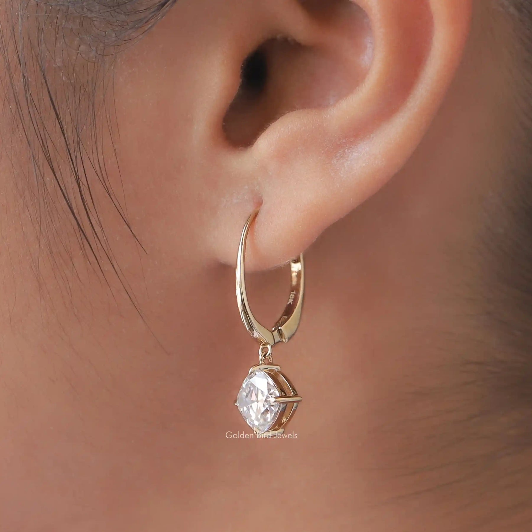 [Moissanite Cushion Cut Drop Earrings]-[Golden Bird Jewels]