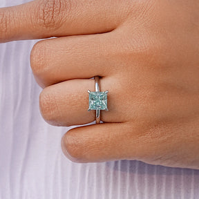 Cyan Blue Princess Cut Moissanite Solitaire Ring