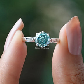 [Cyan Blue Portuguese Round Cut Moissanite Ring]-[Golden Bird Jewels]