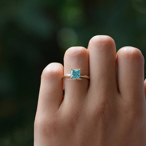 [Cyan Blue Princess Cut Moissanite Ring]-[Golden Bird Jewels]