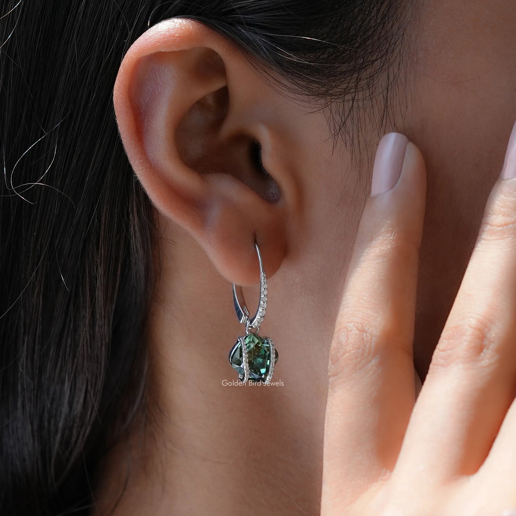 Dark Green Cushion Moissanite Dangle Drop Earrings