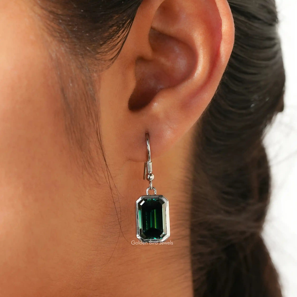 [Dark Green Emerald Cut Moissanite Dangle Drop Earrings]-[Golden Bird Jewels]