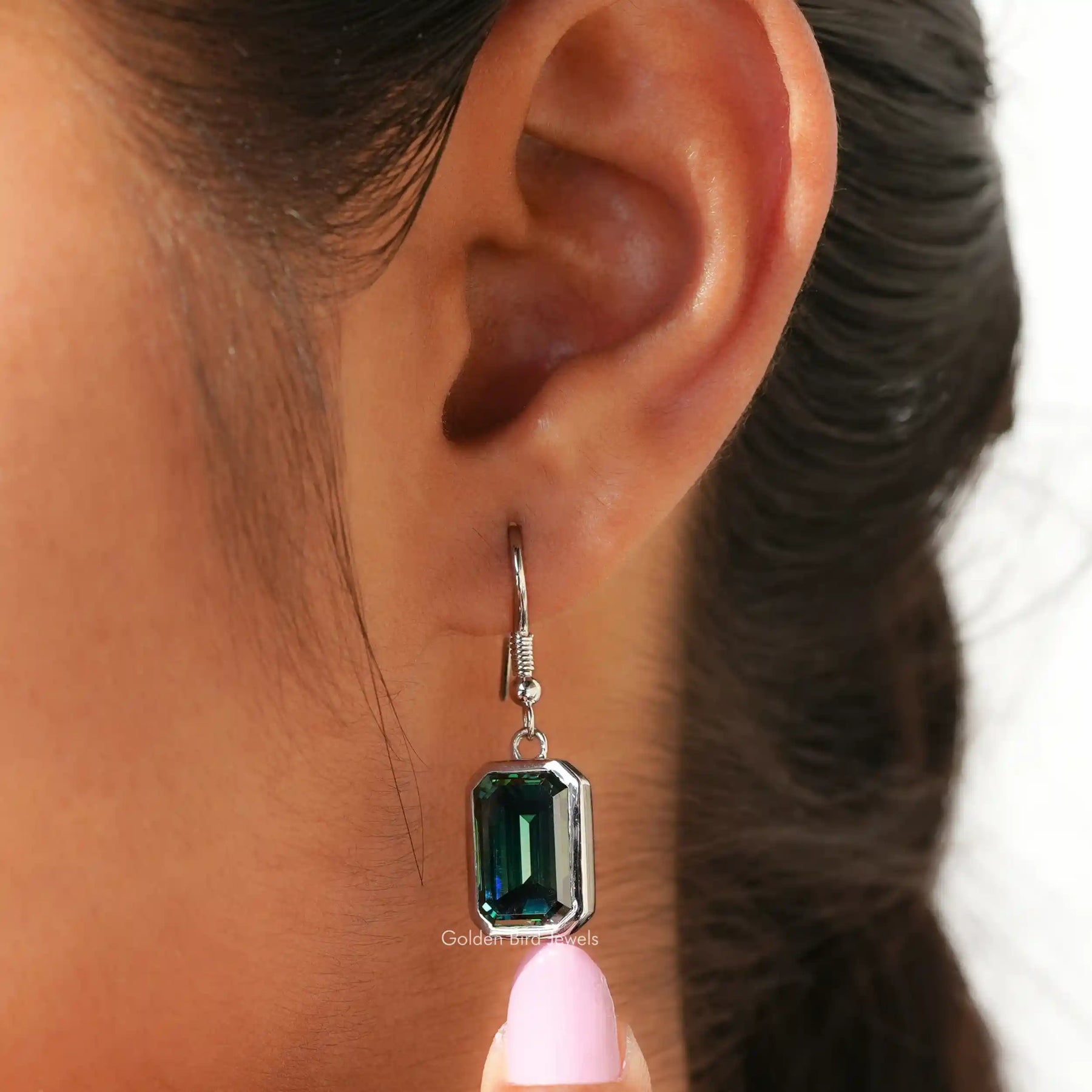 [Moissanite Emerald Cut Dangle Drop Earrings]-[Golden Bird Jewels]