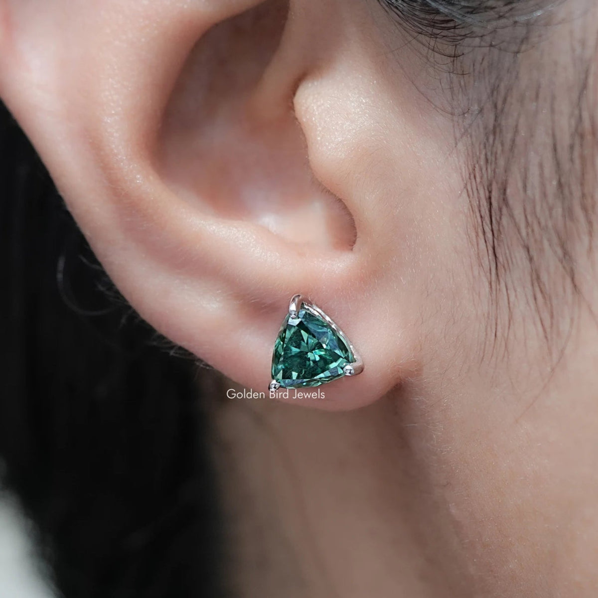 Dark Green Trillion Cut Moissanite Stud Earrings