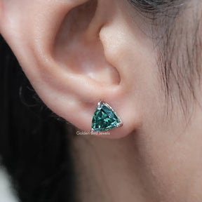 Dark Green Trillion Cut Moissanite Stud Earrings