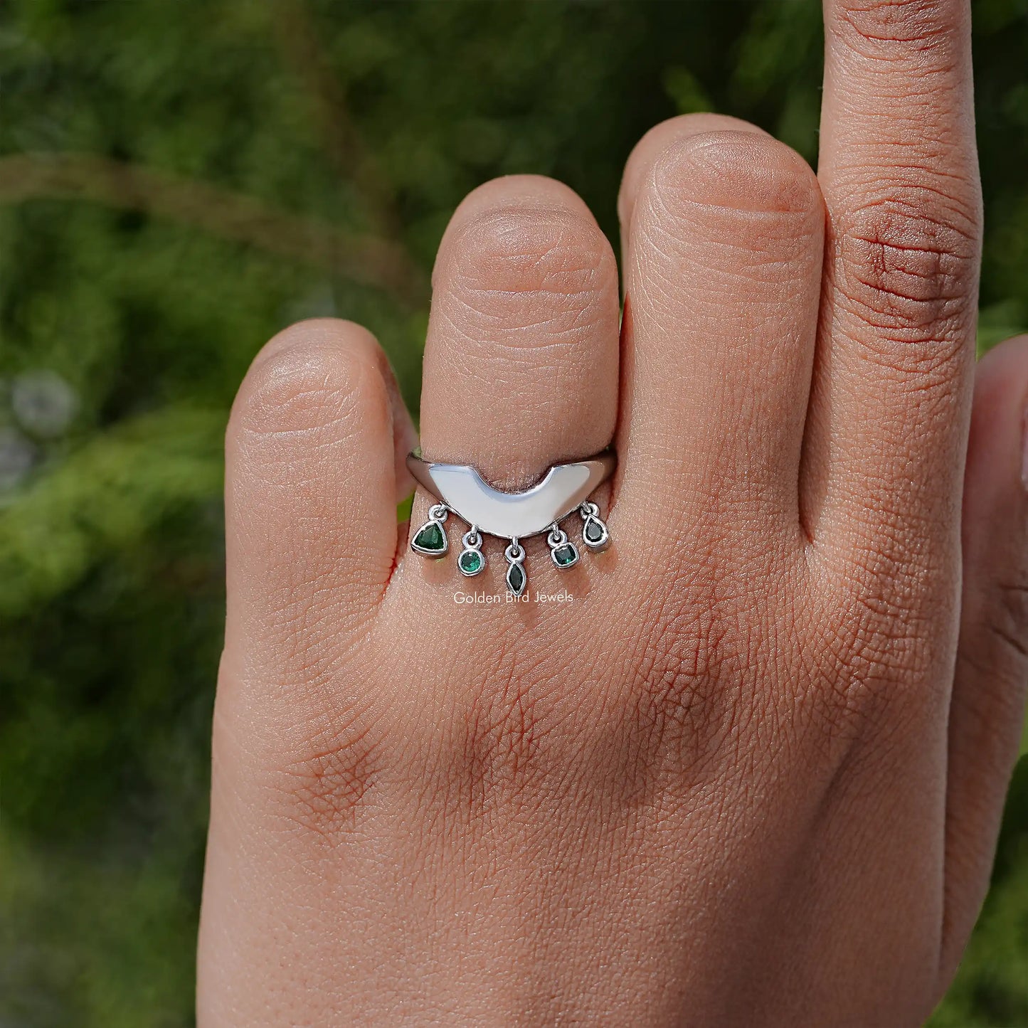 Multi Shape Gemstone Curved Bezel Set Engagement Ring