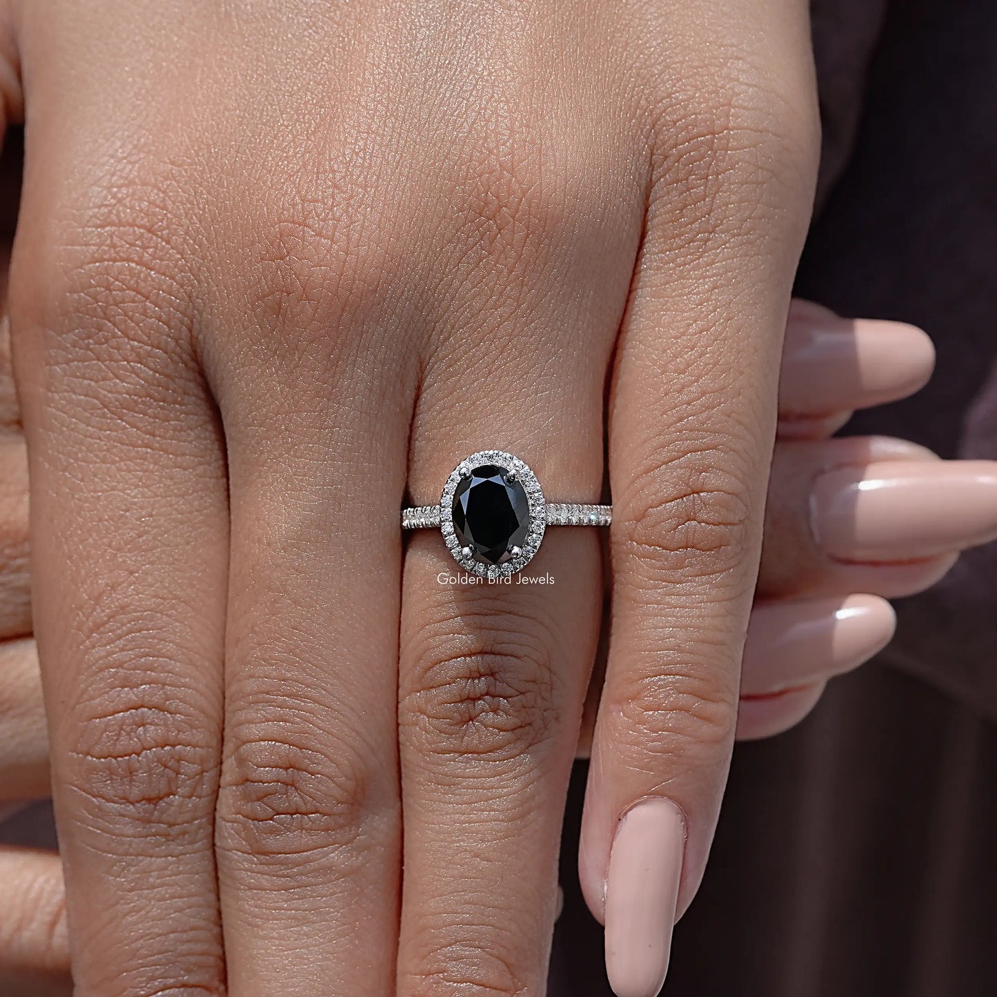 Black Oval Moissanite Gemstone Halo Engagement Ring