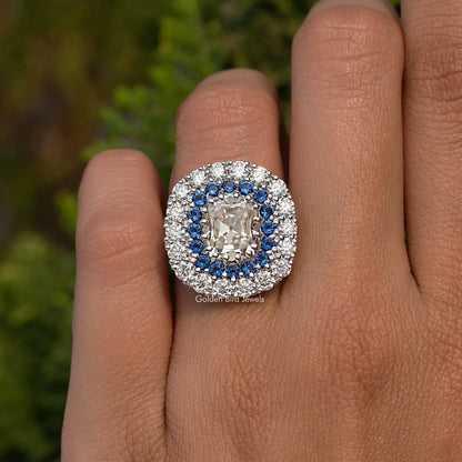 Doppelter Halo Old Mine Kissen-Schliff Moissanit-Ring