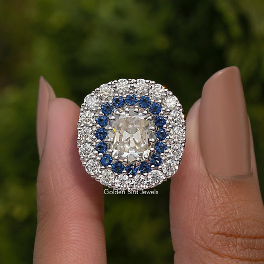 Double Halo Old Mine Cushion Moissanite Ring