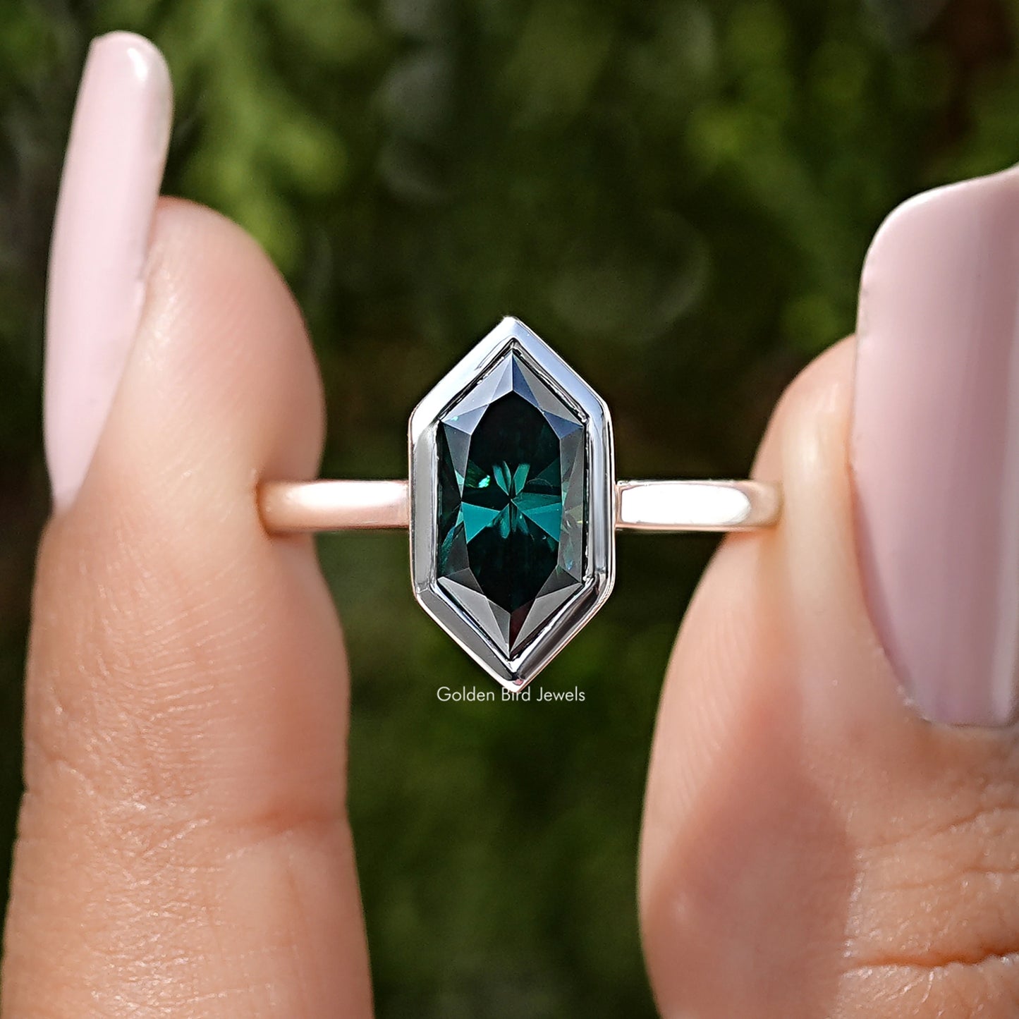 Green Dutch Marquise Cut Moissanite Diamond Bezel Set Ring