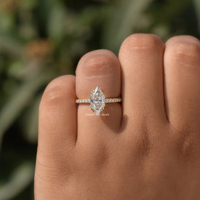 Top view of marquies moissanite engagement ring in white gold